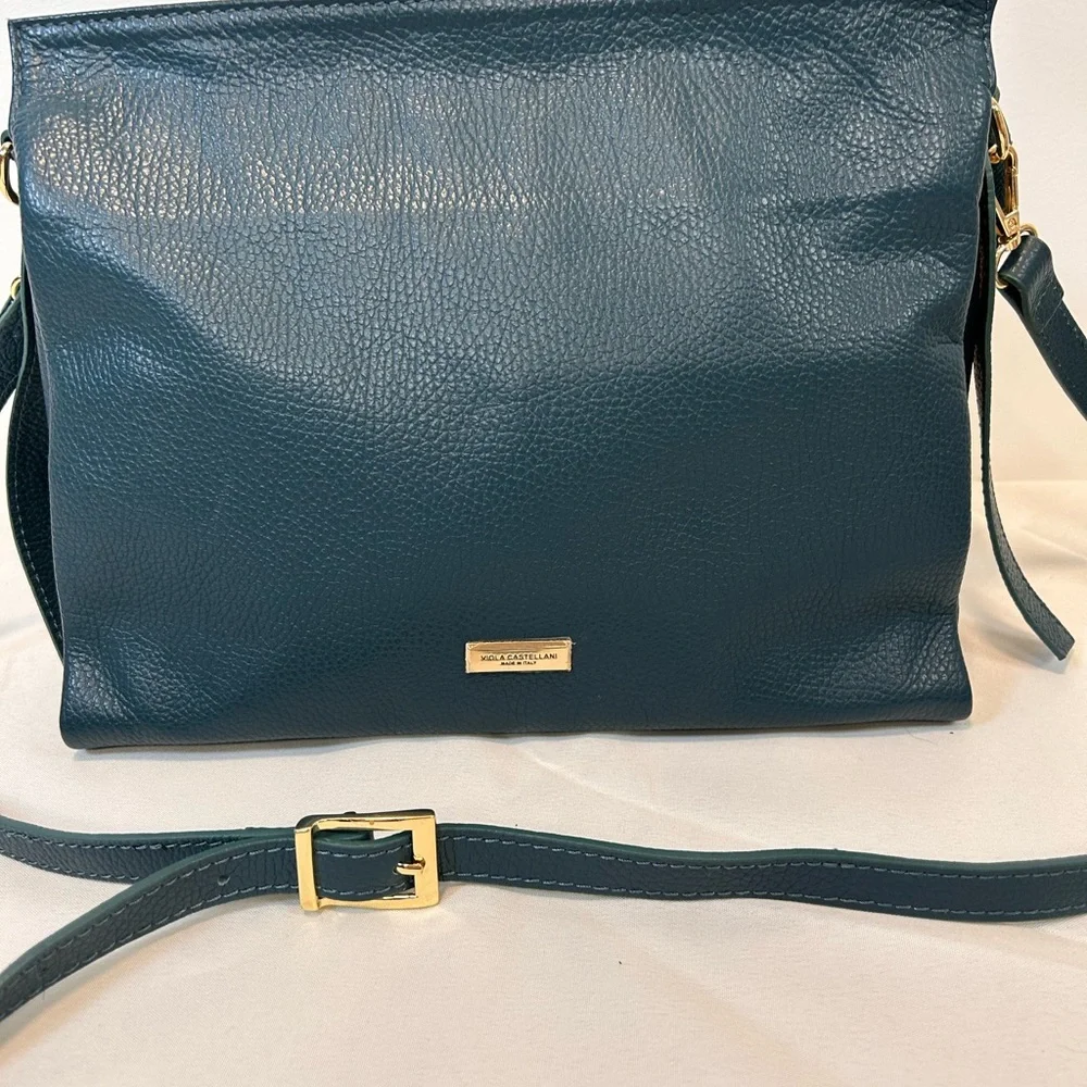 Viola Castellani Italian Genuine Leather Handbag Forest Green Gold Tone Hardware - Picture 12 of 12